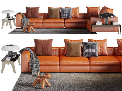 现代橙色皮质转角多人沙发3d模型 现代橙色皮质转角多人沙发