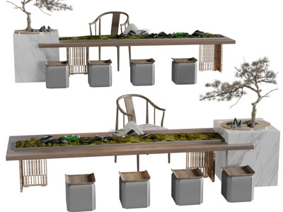 新中式装饰盆景的茶桌坐凳