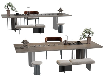 新中式长方形实木茶桌茶凳组合