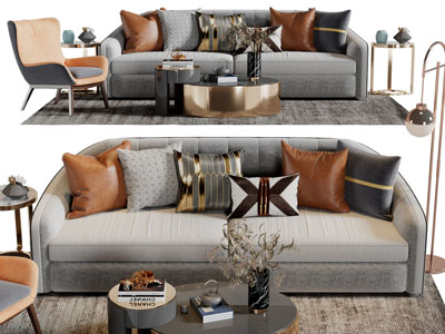 现代布艺多人沙发休闲椅子茶几组合