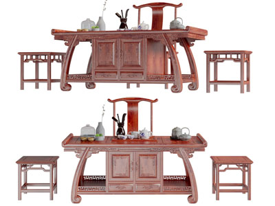 中式实木雕花茶桌椅组合