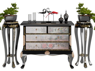 中式装饰牡丹花的玄关柜边柜盆景花架