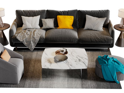 现代布艺多人单人沙发茶几组合