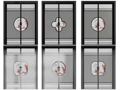 中式装饰梅花的实木双扇大门