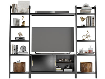 现代黑色带收纳架的电视柜电视机