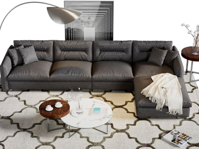 现代黑色布艺转角多人沙发茶几组合