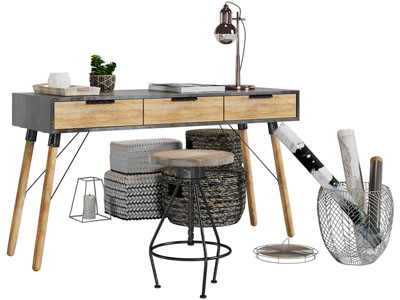 北欧实木书桌凳子收纳筐