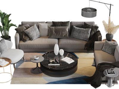 现代布艺多人沙发落地灯茶几组合