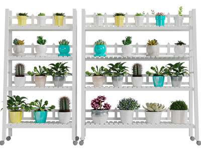 现代带滑轮的实木盆栽多肉装饰架