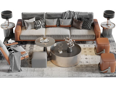 现代多人沙发休闲椅子沙发凳茶几组合