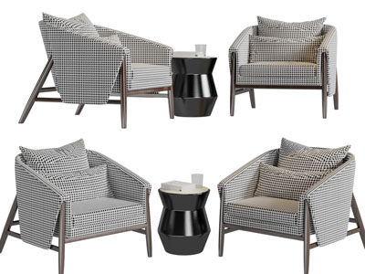 现代方格图案的布艺单人沙发边几