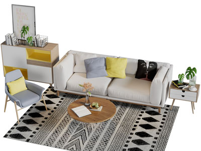 北欧双人沙发休闲椅子边柜茶几组合