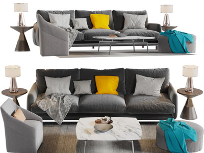 现代布艺多人单人沙发茶几组合