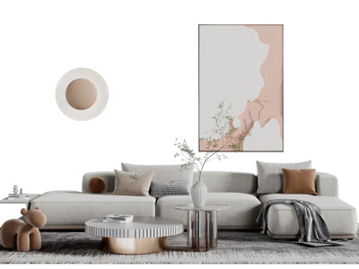 侘寂风布艺转角多人沙发茶几组合