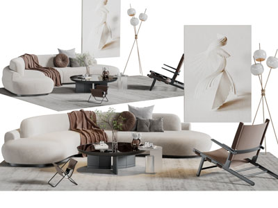 现代弧形布艺多人沙发休闲椅茶几组合