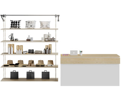 现代实木隔板收纳架和前台