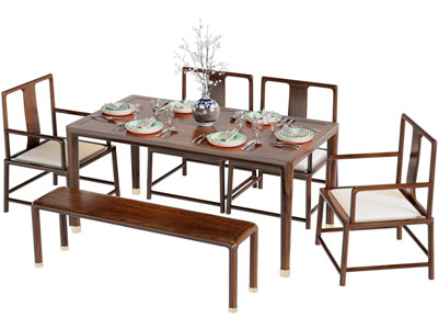 中式实木长方形餐桌椅组合