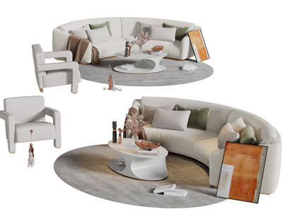 现代弧形白色布艺多人单人沙发茶几组合