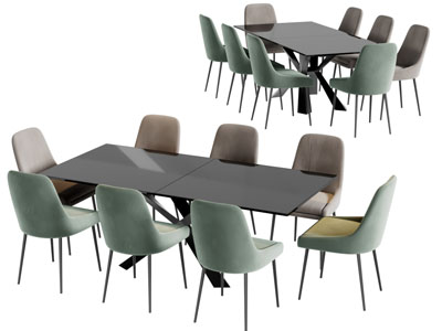 现代黑色长方形八人餐桌椅组合