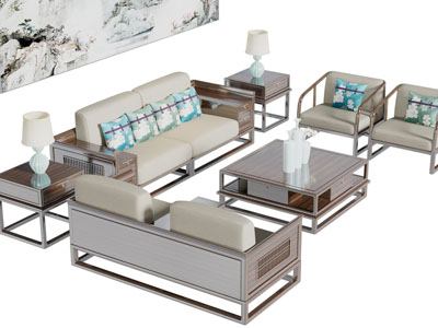 中式实木多人双人单人沙发茶几组合