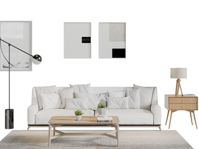 北欧白色布艺多人沙发实木茶几组合