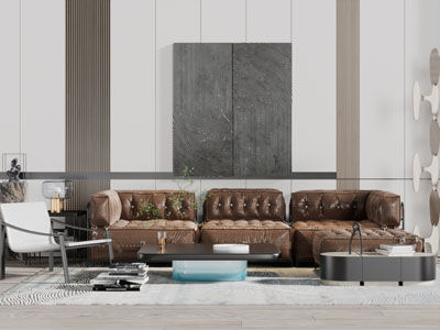 新中式棕色皮革转角多人沙发休闲椅子茶几组合