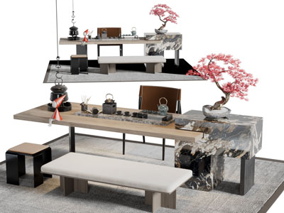 新中式装饰盆景的茶桌长凳