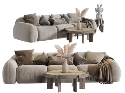 现代布艺多人沙发茶几组合