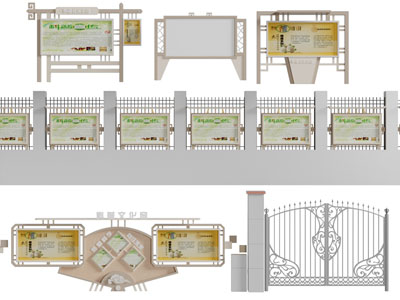 新中式文化宣传栏、围栏和大门
