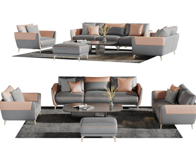 新中式真皮多人单人沙发茶几组合