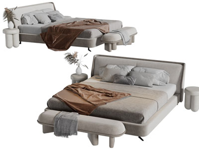 侘寂风布艺双人床、床尾凳