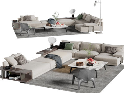 现代布艺转角多人沙发茶几组合