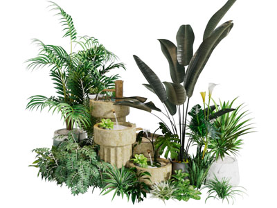 中式花草绿植流水园艺小品