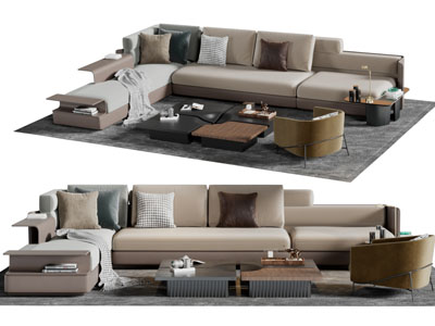 现代咖啡色转角多人沙发茶几组合