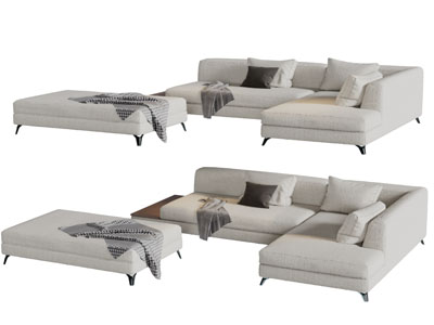 现代灰白色转角布艺多人沙发沙发凳
