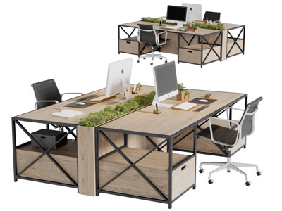 后现代金属边框实木办公桌椅组合