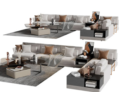 现代转角布艺多人沙发茶几组合
