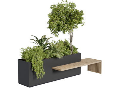 现代户外延伸长凳的花盆盆栽植物
