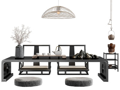 中式黑色茶桌椅坐垫组合