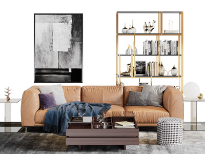 现代黄色多人沙发装饰书柜茶几组合