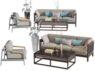 新中式布艺多人沙发休闲椅子茶几组合