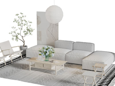 现代灰白色布艺多人沙发休闲椅子茶几组合