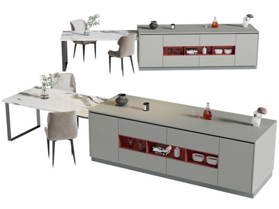 现代带厨房岛台的餐桌椅组合