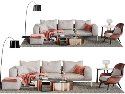 现代布艺多人沙发休闲椅子茶几组合