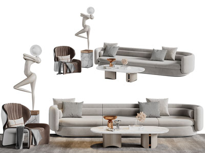 现代灰色多人单人沙发茶几组合