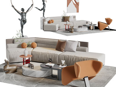 现代转角布艺多人沙发休闲椅子茶几组合