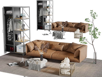 现代皮质多人沙发茶几衣架组合