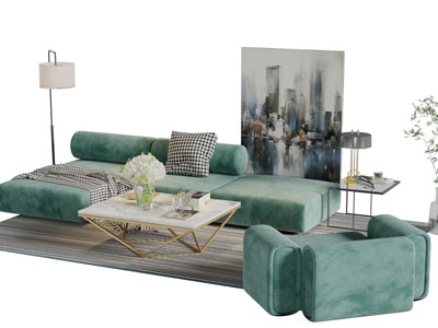 现代轻奢绿色转角多人单人沙发茶几组合