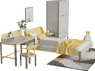 现代儿童单人床书桌椅衣柜