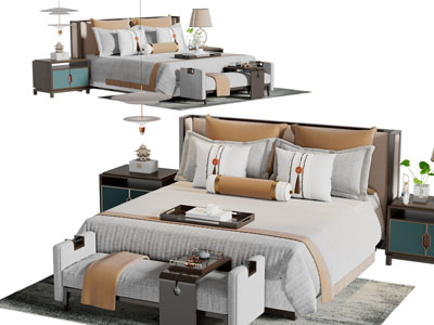 新中式双人床床尾凳